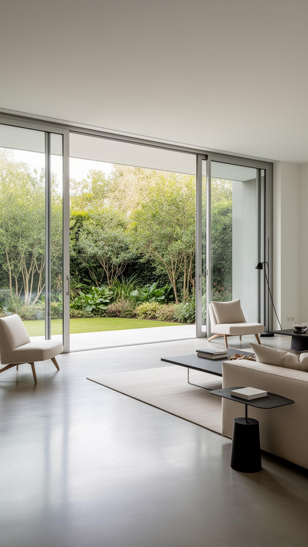 Interior contemporâneo com grandes panos de vidro